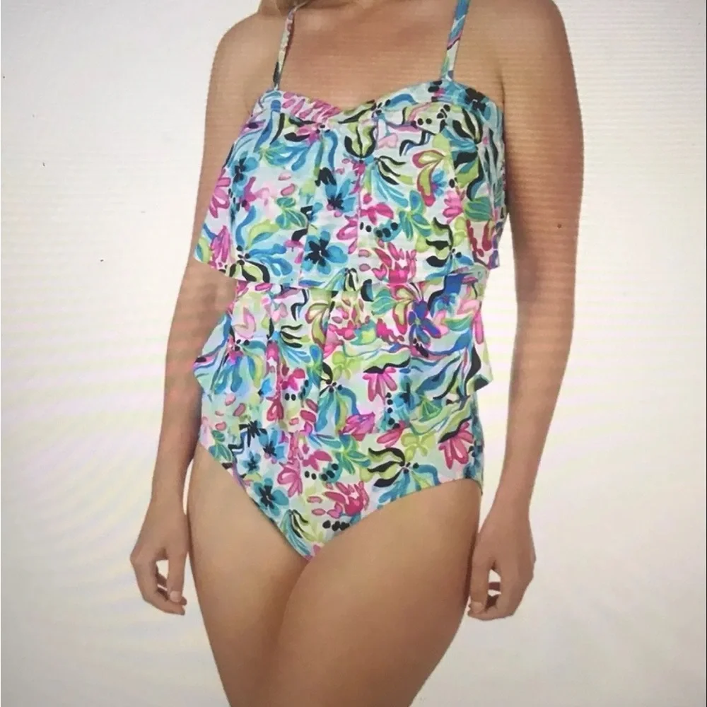 Caribbean Joe tiered bandeau floral 1 piece swimsuit removable straps Small NWT